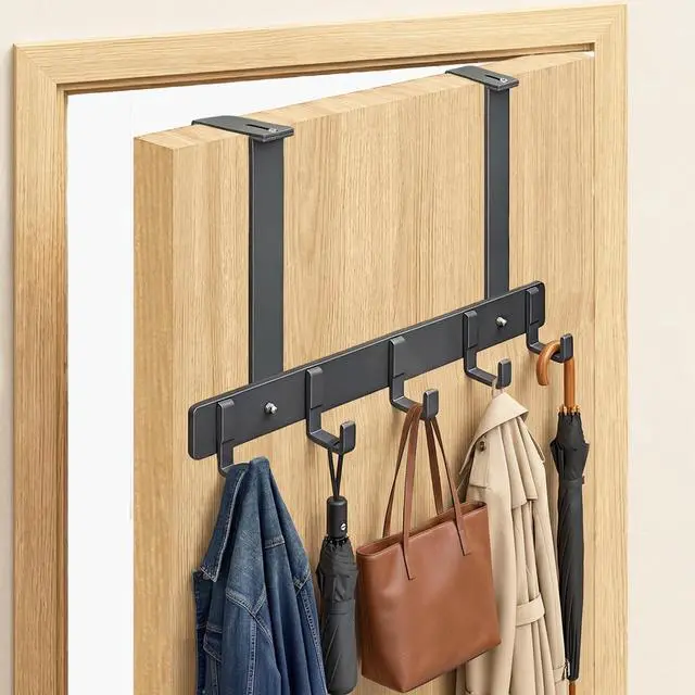 Main image of Adjustable Over The Door Hooks, 5 Hooks Over The Door Organizer with Suction Cup, Towel Racks for Bathroom Fits 1.38~2.56 in Thick Door, for Bedroom Door, Entrance Door - 7.09 in Tall