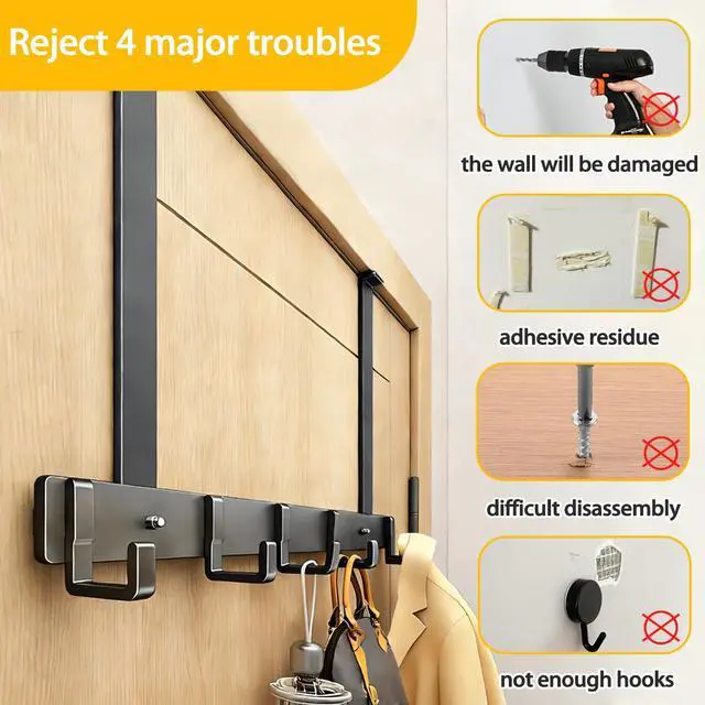 Alt view image 4 of 6 - Adjustable Over The Door Hooks, 5 Hooks Over The Door Organizer with Suction Cup, Towel Racks for Bathroom Fits 1.38~2.56 in Thick Door, for Bedroom Door, Entrance Door - 7.09 in Tall