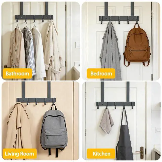 Alt view image 5 of 6 - Adjustable Over The Door Hooks, 5 Hooks Over The Door Organizer with Suction Cup, Towel Racks for Bathroom Fits 1.38~2.56 in Thick Door, for Bedroom Door, Entrance Door - 7.09 in Tall