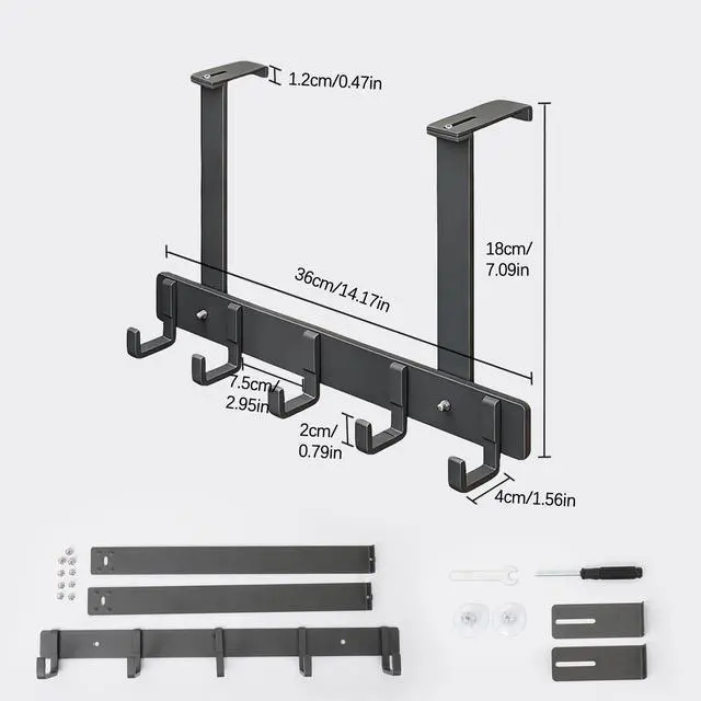 Alt view image 6 of 6 - Adjustable Over The Door Hooks, 5 Hooks Over The Door Organizer with Suction Cup, Towel Racks for Bathroom Fits 1.38~2.56 in Thick Door, for Bedroom Door, Entrance Door - 7.09 in Tall