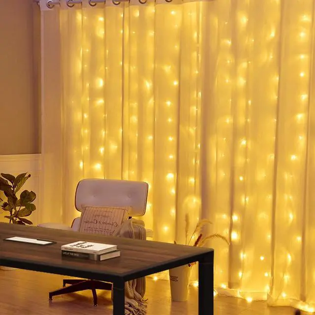 Alt view image 4 of 6 - 300 LED Twinkle Fairy Curtain Lights with Remote - 8 Lighting Modes, Hanging Warm String Light with USB Powered for Bedroom Wall, Wedding Backdrop and Christmas Party Window Decor