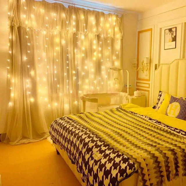 Alt view image 5 of 6 - 300 LED Twinkle Fairy Curtain Lights with Remote - 8 Lighting Modes, Hanging Warm String Light with USB Powered for Bedroom Wall, Wedding Backdrop and Christmas Party Window Decor