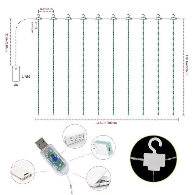 Alt view image 2 of 6 - 300 LED Twinkle Fairy Curtain Lights with Remote - 8 Lighting Modes, Hanging Warm String Light with USB Powered for Bedroom Wall, Wedding Backdrop and Christmas Party Window Decor