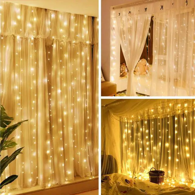 Alt view image 6 of 6 - 300 LED Twinkle Fairy Curtain Lights with Remote - 8 Lighting Modes, Hanging Warm String Light with USB Powered for Bedroom Wall, Wedding Backdrop and Christmas Party Window Decor