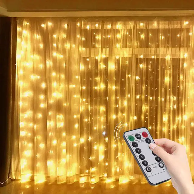 Main image of 300 LED Twinkle Fairy Curtain Lights with Remote - 8 Lighting Modes, Hanging Warm String Light with USB Powered for Bedroom Wall, Wedding Backdrop and Christmas Party Window Decor