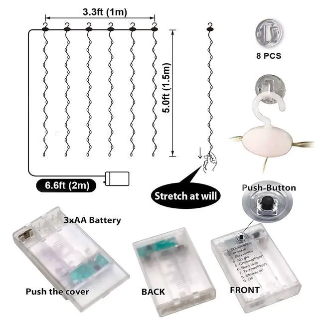 Alt view image 5 of 6 - Short Curtain Lights for Small Window, 3.3x5Ft Warm White Fairy Light with Timer & 8 Clips for Bedroom, Battery Powered 96Led String Light for Indoor Weddings Party Garden Wall Decor
