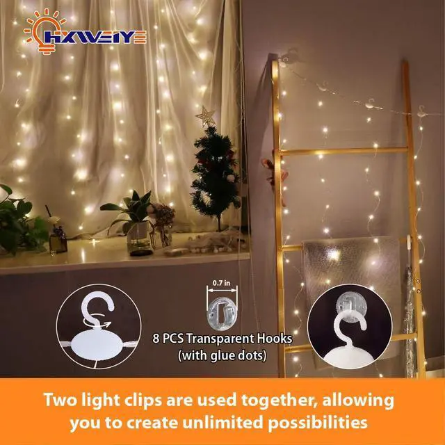 Alt view image 4 of 6 - Short Curtain Lights for Small Window, 3.3x5Ft Warm White Fairy Light with Timer & 8 Clips for Bedroom, Battery Powered 96Led String Light for Indoor Weddings Party Garden Wall Decor