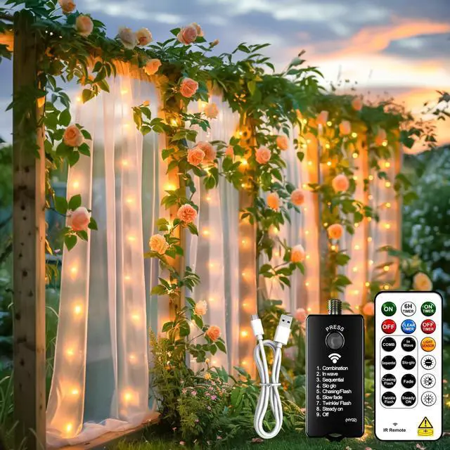 Main image of Rechargeable 300LED Curtain Lights Battery Powered, 9.8x9.8Ft Outdoor Fairy String Lights with Remote & DIY Timer, 8 Modes Twinkle Light Waterproof for Indoor Backdrops Wedding, Warm White