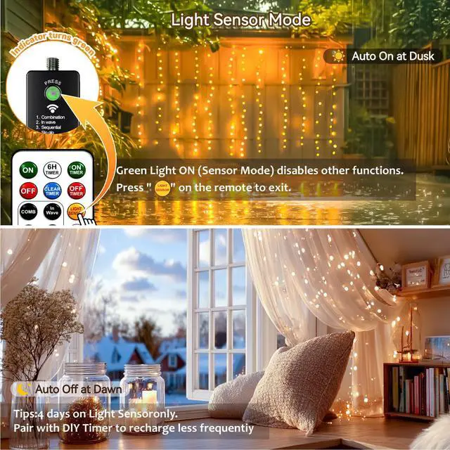 Alt view image 4 of 7 - Rechargeable 300LED Curtain Lights Battery Powered, 9.8x9.8Ft Outdoor Fairy String Lights with Remote & DIY Timer, 8 Modes Twinkle Light Waterproof for Indoor Backdrops Wedding, Warm White