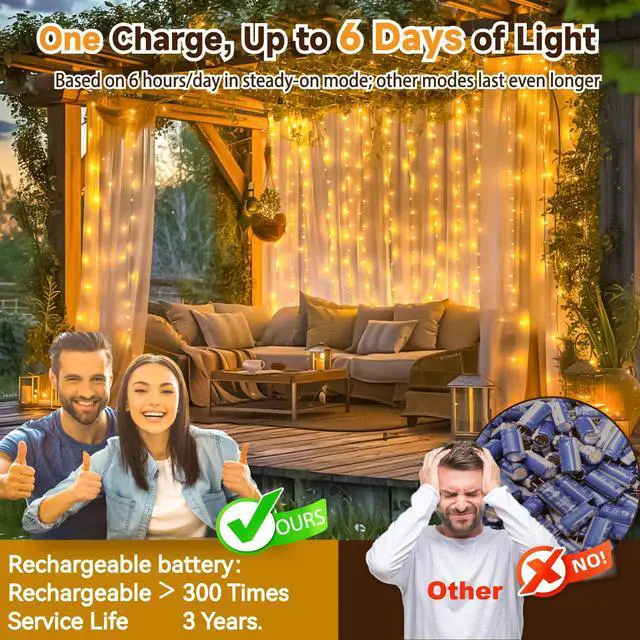 Alt view image 2 of 7 - Rechargeable 300LED Curtain Lights Battery Powered, 9.8x9.8Ft Outdoor Fairy String Lights with Remote & DIY Timer, 8 Modes Twinkle Light Waterproof for Indoor Backdrops Wedding, Warm White