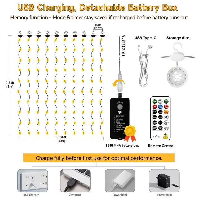 Alt view image 6 of 7 - Rechargeable 300LED Curtain Lights Battery Powered, 9.8x9.8Ft Outdoor Fairy String Lights with Remote & DIY Timer, 8 Modes Twinkle Light Waterproof for Indoor Backdrops Wedding, Warm White