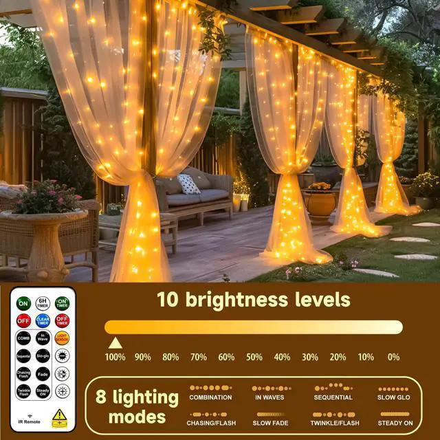 Alt view image 7 of 7 - Rechargeable 300LED Curtain Lights Battery Powered, 9.8x9.8Ft Outdoor Fairy String Lights with Remote & DIY Timer, 8 Modes Twinkle Light Waterproof for Indoor Backdrops Wedding, Warm White