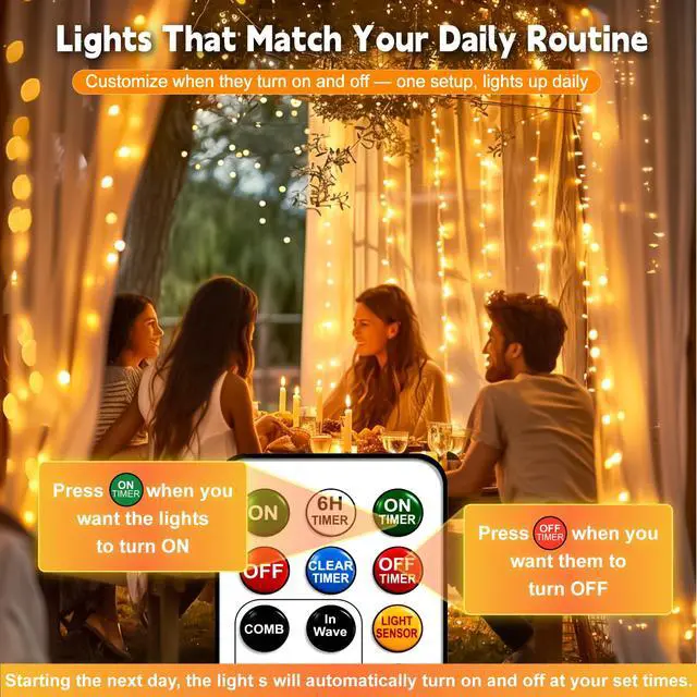 Alt view image 3 of 7 - Rechargeable 300LED Curtain Lights Battery Powered, 9.8x9.8Ft Outdoor Fairy String Lights with Remote & DIY Timer, 8 Modes Twinkle Light Waterproof for Indoor Backdrops Wedding, Warm White