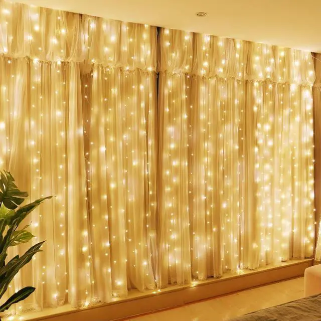 Main image of 300LED Fairy Curtain Lights, 9.8x9.8Ft USB Plug-in 8 Modes Christmas String Hanging Lights with Remote for Bedroom Backdrop Wedding Indoor Wall Decor, Warm White, Standard 1 Pack