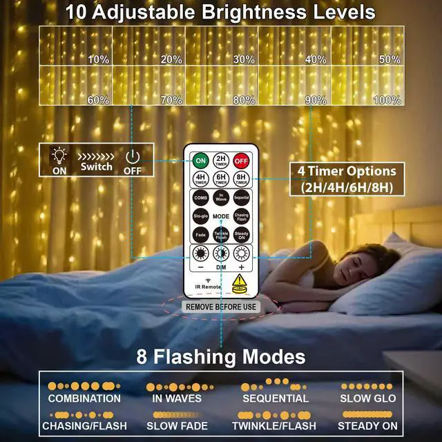 Alt view image 4 of 7 - 300LED Fairy Curtain Lights, 9.8x9.8Ft USB Plug-in 8 Modes Christmas String Hanging Lights with Remote for Bedroom Backdrop Wedding Indoor Wall Decor, Warm White, Standard 1 Pack