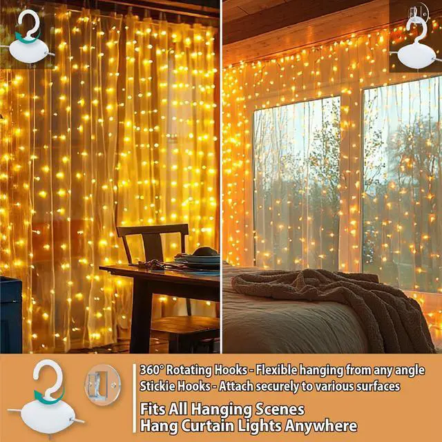 Alt view image 3 of 7 - 300LED Fairy Curtain Lights, 9.8x9.8Ft USB Plug-in 8 Modes Christmas String Hanging Lights with Remote for Bedroom Backdrop Wedding Indoor Wall Decor, Warm White, Standard 1 Pack