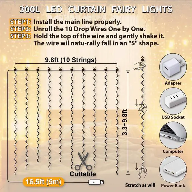 Alt view image 5 of 7 - 300LED Fairy Curtain Lights, 9.8x9.8Ft USB Plug-in 8 Modes Christmas String Hanging Lights with Remote for Bedroom Backdrop Wedding Indoor Wall Decor, Warm White, Standard 1 Pack