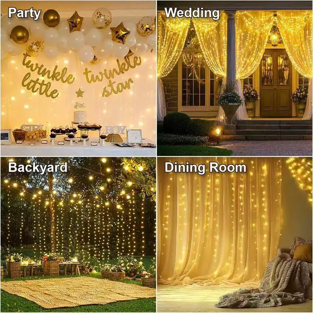 Alt view image 7 of 7 - 300LED Fairy Curtain Lights, 9.8x9.8Ft USB Plug-in 8 Modes Christmas String Hanging Lights with Remote for Bedroom Backdrop Wedding Indoor Wall Decor, Warm White, Standard 1 Pack