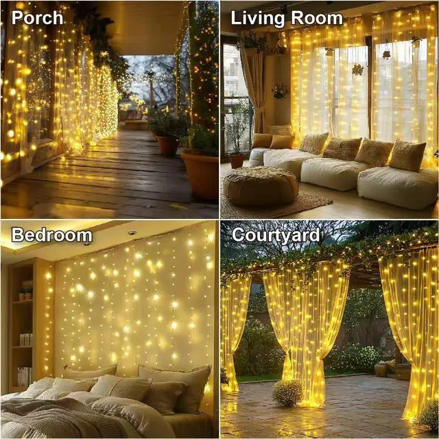 Alt view image 6 of 7 - 300LED Fairy Curtain Lights, 9.8x9.8Ft USB Plug-in 8 Modes Christmas String Hanging Lights with Remote for Bedroom Backdrop Wedding Indoor Wall Decor, Warm White, Standard 1 Pack