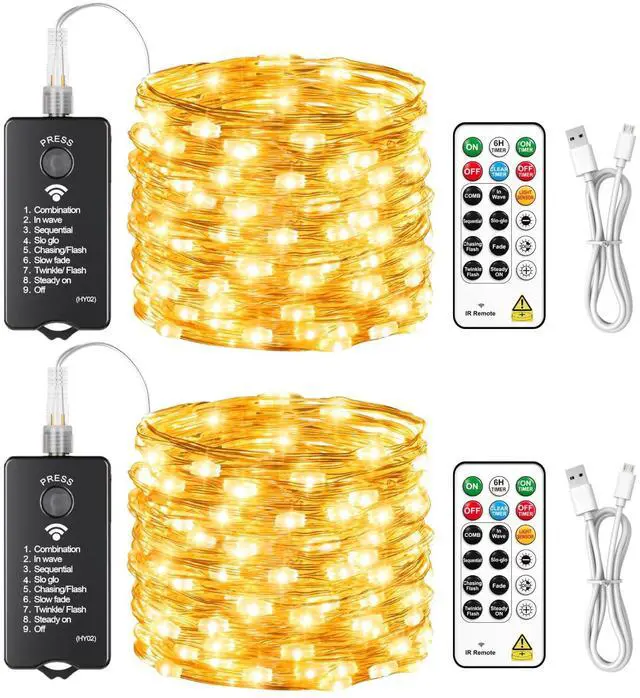 Main image of 2-Pack 33FT 100LED Fairy Lights Battery Operated (Included) with Remote & Timer, 8 Modes Rechargeable Twinkle String Lights Indoor Outdoor Waterproof for Bedroom Wedding Classroom, Warm White