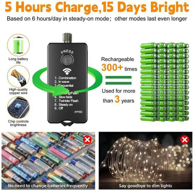 Alt view image 2 of 7 - 2-Pack 33FT 100LED Fairy Lights Battery Operated (Included) with Remote & Timer, 8 Modes Rechargeable Twinkle String Lights Indoor Outdoor Waterproof for Bedroom Wedding Classroom, Warm White