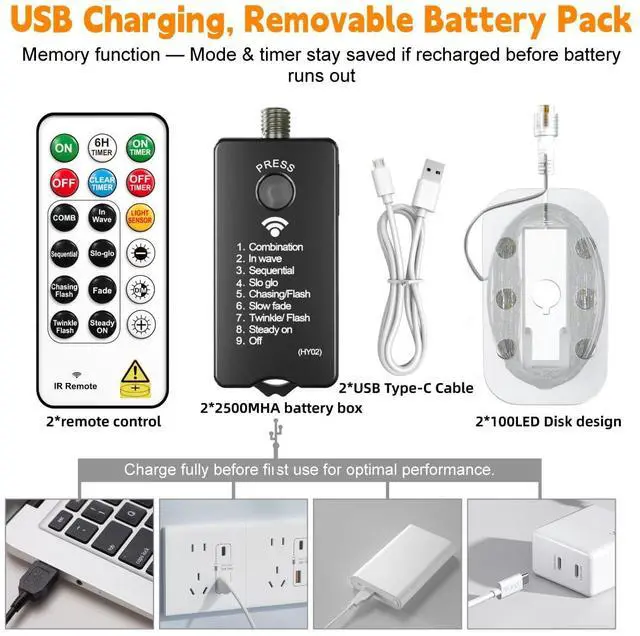 Alt view image 6 of 7 - 2-Pack 33FT 100LED Fairy Lights Battery Operated (Included) with Remote & Timer, 8 Modes Rechargeable Twinkle String Lights Indoor Outdoor Waterproof for Bedroom Wedding Classroom, Warm White