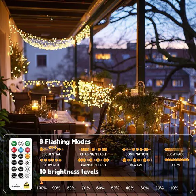 Alt view image 7 of 7 - 2-Pack 33FT 100LED Fairy Lights Battery Operated (Included) with Remote & Timer, 8 Modes Rechargeable Twinkle String Lights Indoor Outdoor Waterproof for Bedroom Wedding Classroom, Warm White