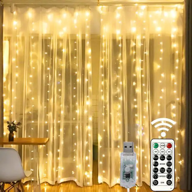 Main image of Window Curtain String Lights, 300 LED 8 Lighting Modes Fairy Copper Light with Remote, USB Powered for Christmas Party Wedding Home Decorations (Warm White)