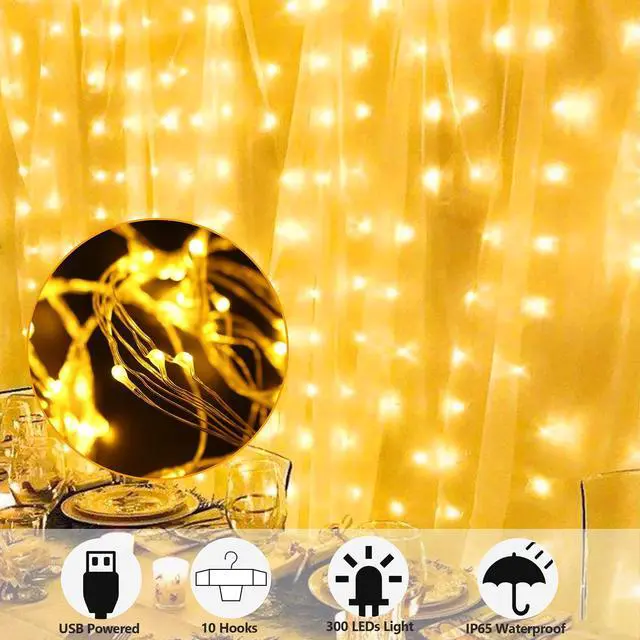 Alt view image 2 of 7 - Window Curtain String Lights, 300 LED 8 Lighting Modes Fairy Copper Light with Remote, USB Powered for Christmas Party Wedding Home Decorations (Warm White)