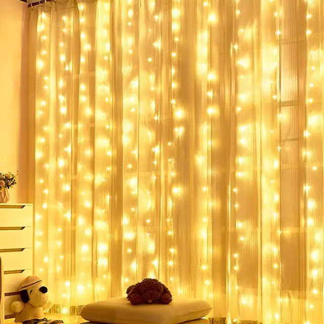 Alt view image 7 of 7 - Window Curtain String Lights, 300 LED 8 Lighting Modes Fairy Copper Light with Remote, USB Powered for Christmas Party Wedding Home Decorations (Warm White)