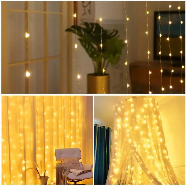 Alt view image 3 of 7 - Window Curtain String Lights, 300 LED 8 Lighting Modes Fairy Copper Light with Remote, USB Powered for Christmas Party Wedding Home Decorations (Warm White)