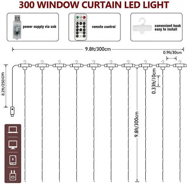 Alt view image 4 of 7 - Window Curtain String Lights, 300 LED 8 Lighting Modes Fairy Copper Light with Remote, USB Powered for Christmas Party Wedding Home Decorations (Warm White)