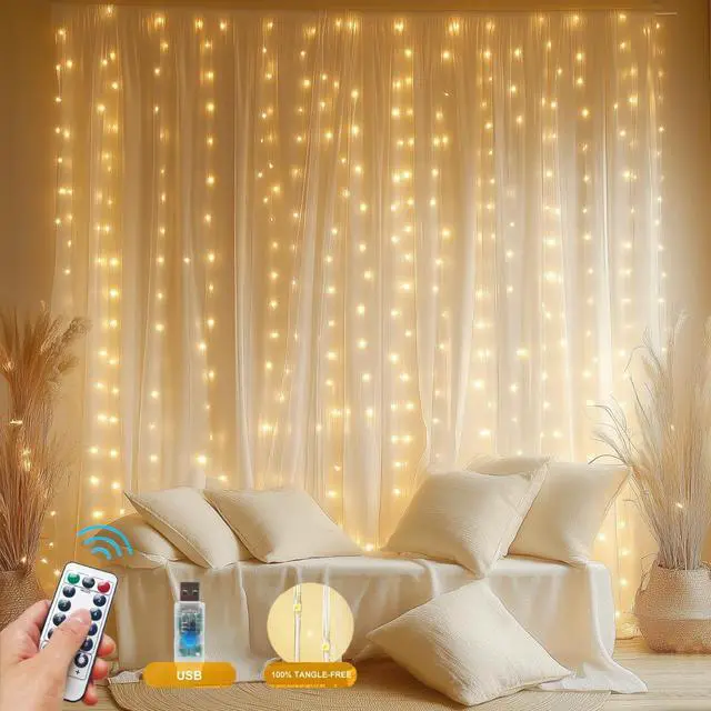 Main image of Fairy Curtain Lights Upgraded Tangle-Free Warm White USB Plug in 8 Modes String Hanging Lights with Remote for Christmas, Bedroom, Indoor, Outdoor, Weddings, Party (6.6FTx6.6FT)