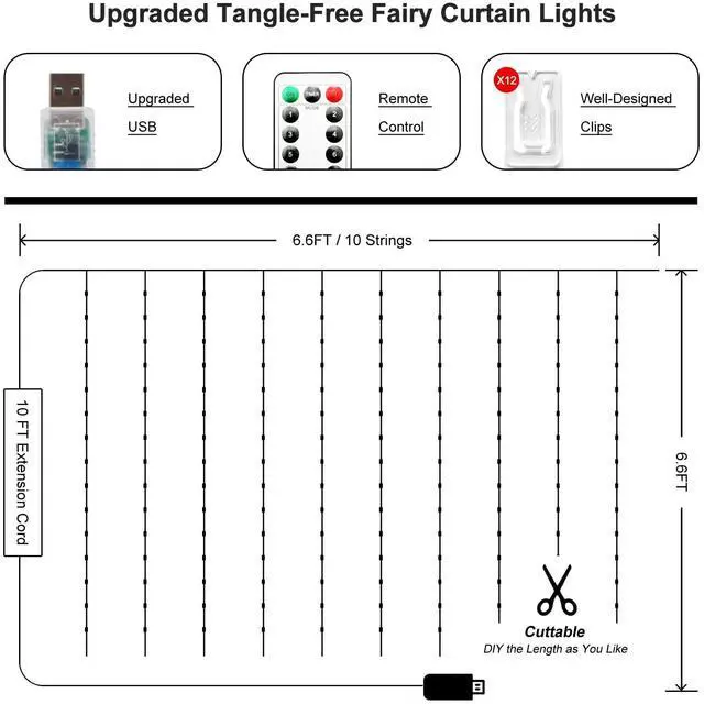 Alt view image 4 of 7 - Fairy Curtain Lights Upgraded Tangle-Free Warm White USB Plug in 8 Modes String Hanging Lights with Remote for Christmas, Bedroom, Indoor, Outdoor, Weddings, Party (6.6FTx6.6FT)
