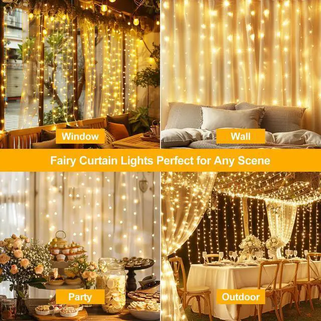 Alt view image 2 of 7 - Fairy Curtain Lights Upgraded Tangle-Free Warm White USB Plug in 8 Modes String Hanging Lights with Remote for Christmas, Bedroom, Indoor, Outdoor, Weddings, Party (6.6FTx6.6FT)