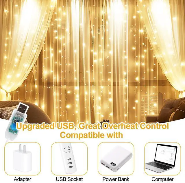Alt view image 6 of 7 - Fairy Curtain Lights Upgraded Tangle-Free Warm White USB Plug in 8 Modes String Hanging Lights with Remote for Christmas, Bedroom, Indoor, Outdoor, Weddings, Party (6.6FTx6.6FT)