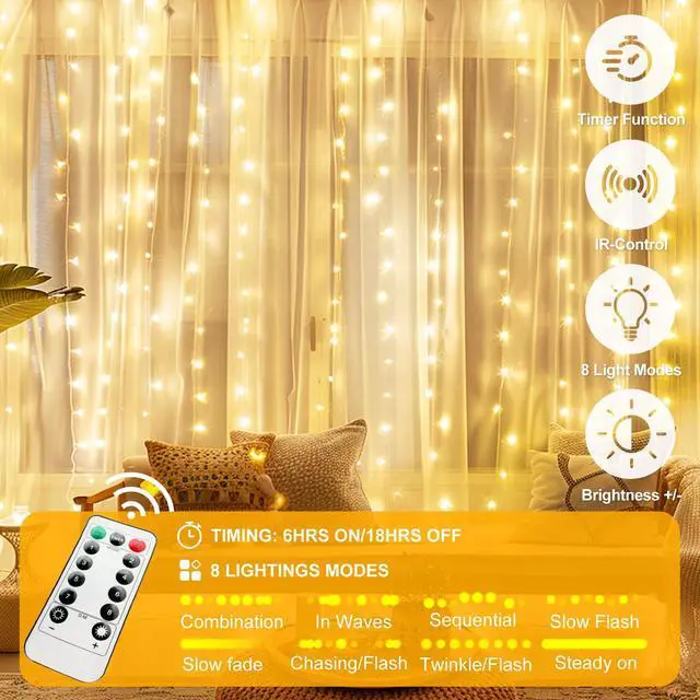 Alt view image 5 of 7 - Fairy Curtain Lights Upgraded Tangle-Free Warm White USB Plug in 8 Modes String Hanging Lights with Remote for Christmas, Bedroom, Indoor, Outdoor, Weddings, Party (6.6FTx6.6FT)