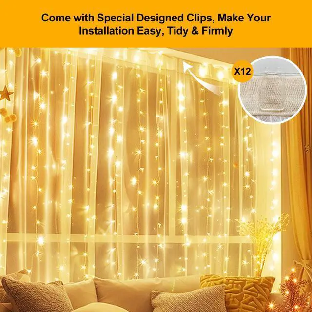 Alt view image 7 of 7 - Fairy Curtain Lights Upgraded Tangle-Free Warm White USB Plug in 8 Modes String Hanging Lights with Remote for Christmas, Bedroom, Indoor, Outdoor, Weddings, Party (6.6FTx6.6FT)