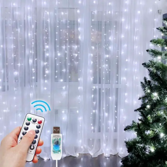 Main image of 200 LED Fairy Curtain Lights, 6.6 x 6.6 FT Warm White USB Plug in 8 Modes String Hanging Lights with Remote for Christmas, Bedroom, Indoor, Outdoor, Weddings, Party (Cold White)