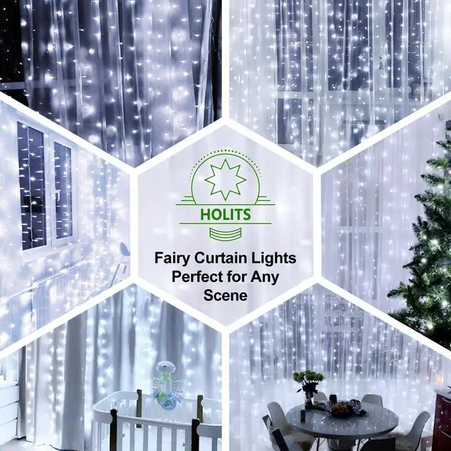 Alt view image 2 of 7 - 200 LED Fairy Curtain Lights, 6.6 x 6.6 FT Warm White USB Plug in 8 Modes String Hanging Lights with Remote for Christmas, Bedroom, Indoor, Outdoor, Weddings, Party (Cold White)