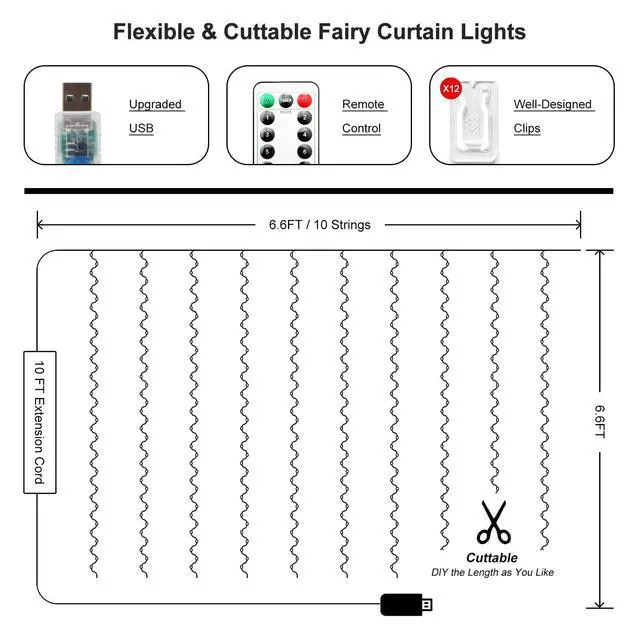 Alt view image 3 of 7 - 200 LED Fairy Curtain Lights, 6.6 x 6.6 FT Warm White USB Plug in 8 Modes String Hanging Lights with Remote for Christmas, Bedroom, Indoor, Outdoor, Weddings, Party (Cold White)