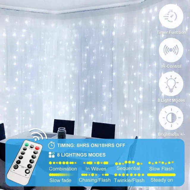 Alt view image 5 of 7 - 200 LED Fairy Curtain Lights, 6.6 x 6.6 FT Warm White USB Plug in 8 Modes String Hanging Lights with Remote for Christmas, Bedroom, Indoor, Outdoor, Weddings, Party (Cold White)