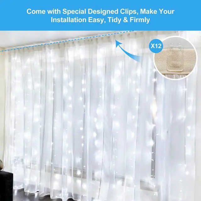 Alt view image 7 of 7 - 200 LED Fairy Curtain Lights, 6.6 x 6.6 FT Warm White USB Plug in 8 Modes String Hanging Lights with Remote for Christmas, Bedroom, Indoor, Outdoor, Weddings, Party (Cold White)