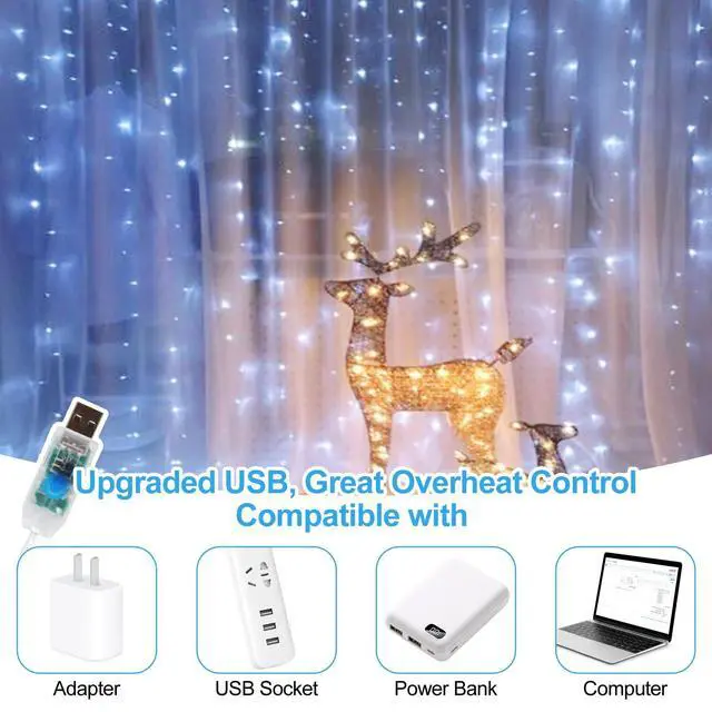 Alt view image 6 of 7 - 200 LED Fairy Curtain Lights, 6.6 x 6.6 FT Warm White USB Plug in 8 Modes String Hanging Lights with Remote for Christmas, Bedroom, Indoor, Outdoor, Weddings, Party (Cold White)
