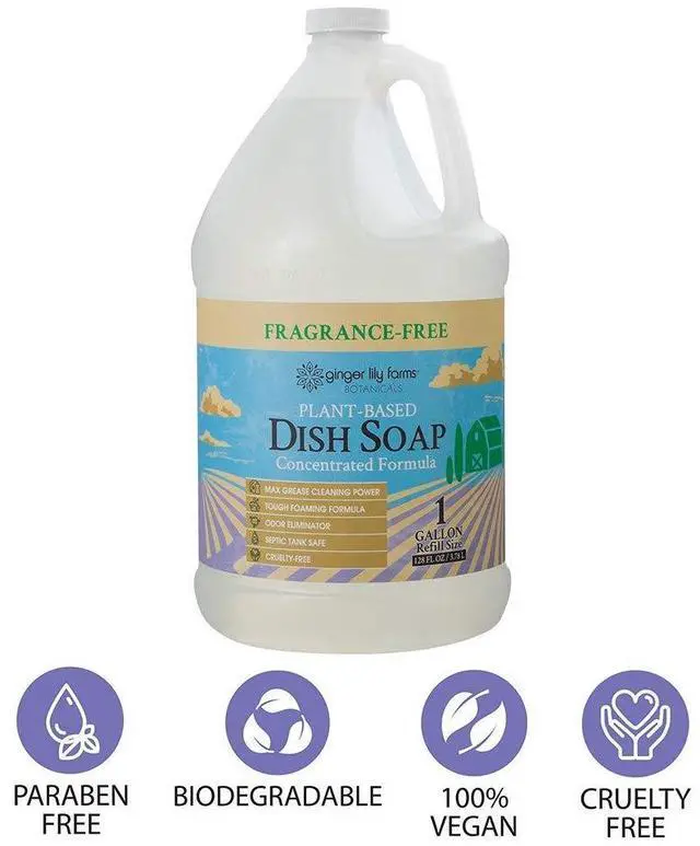 Alt view image 4 of 6 - Botanicals Plant-Based Liquid Dish Soap, Concentrated Formula with Max Grease Cleaning Power, Cruelty-Free, Fragrance-Free, 1 Gallon Refill (128 Fl. Oz.), Clear