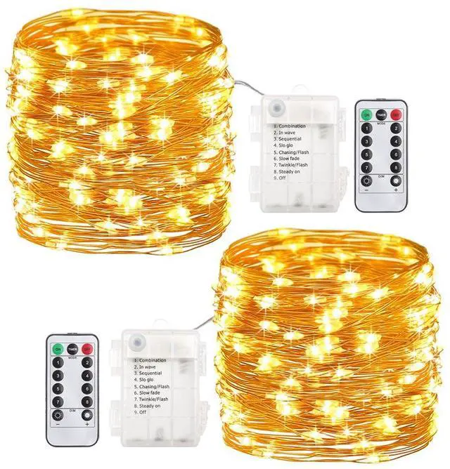 Main image of 2 Pack 20 Feet 60 Led Fairy Lights Battery Operated with Remote Control Timer, 8 Modes Waterproof Copper Wire Twinkle String Lights for Bedroom Party Indoor- Warm White