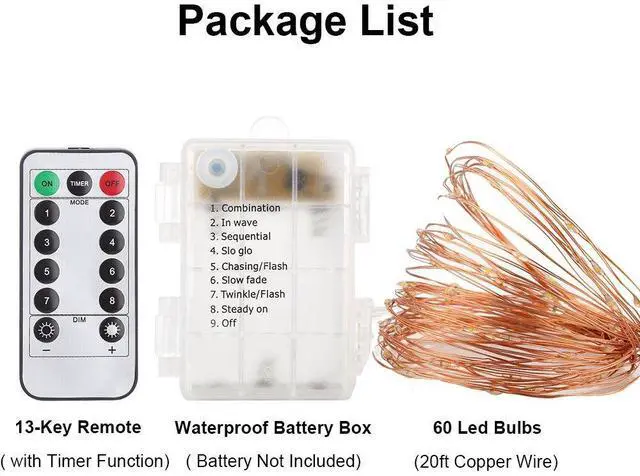 Alt view image 7 of 7 - 2 Pack 20 Feet 60 Led Fairy Lights Battery Operated with Remote Control Timer, 8 Modes Waterproof Copper Wire Twinkle String Lights for Bedroom Party Indoor- Warm White