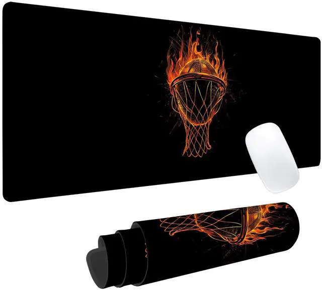 Main image of Flaming Basketball Gaming Mouse Pad, Office Desk Mat, Anti-Slip Rubber Base Cool Aesthetic Mouse Pads for Computer Laptop Keyboard School Home Desktop Gamer Home Accessories Decor 31.5" x 11.8"