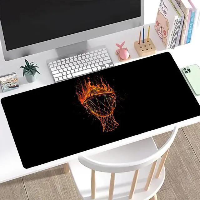Alt view image 2 of 6 - Flaming Basketball Gaming Mouse Pad, Office Desk Mat, Anti-Slip Rubber Base Cool Aesthetic Mouse Pads for Computer Laptop Keyboard School Home Desktop Gamer Home Accessories Decor 31.5" x 11.8"