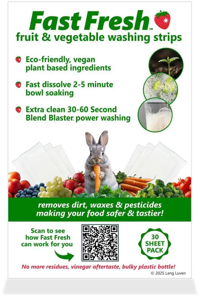 Main image of Fruit and Vegetable Wash Strips | Plant-Based, Food-Safe Produce Cleaner | Dissolvable Veggie Wash Removes Contaminants, Waxes & Dirt | All-Natural | Travel | 1 Pack of 30